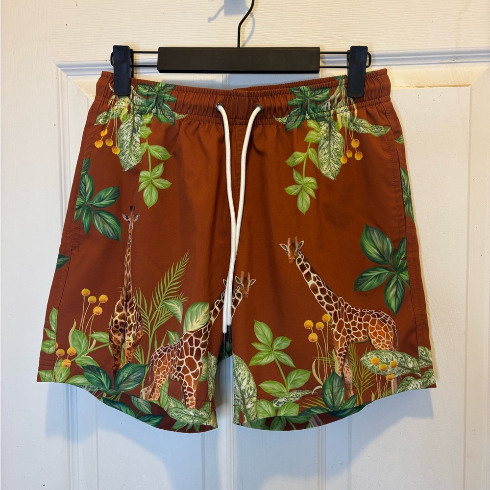 Mavrans Men's Brown Giraffe-Print Swim Trunks with Tropical Leaves